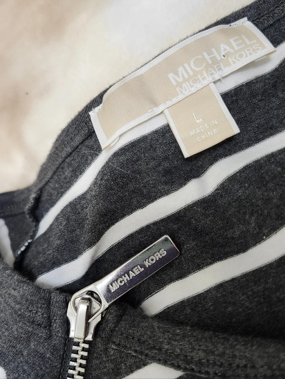 Michael Kors Gray and White Striped 3/4 Sleeve Zipper Raglan Tee Shirt